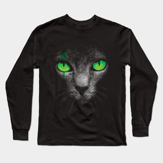 Black Cat with Green Eyes Long Sleeve T-Shirt by Sitchko